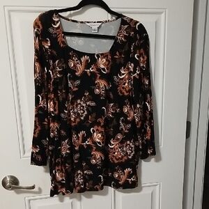 Liz Claiborne Black and Orange Floral Long Sleeve Top Stretchy XL Square Neck